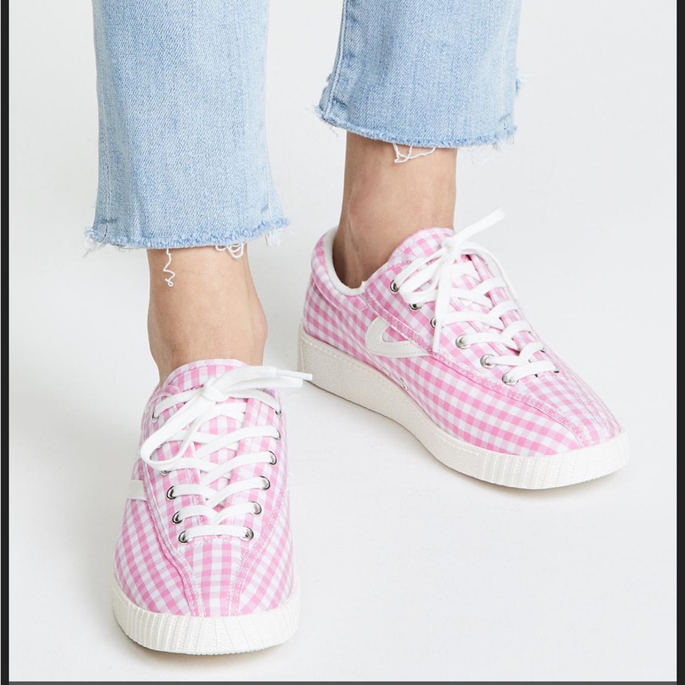 Tretorn Nylite Plus Lace Up Pink Gingham Sneakers 11 Retro Classic Preppy Casual - Picture 15 of 15